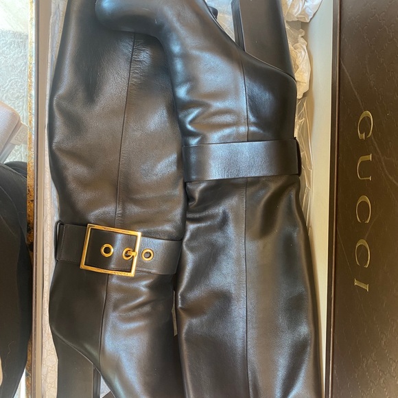 Gucci Calf Skin Gold Buckle Knee High Boots in Box